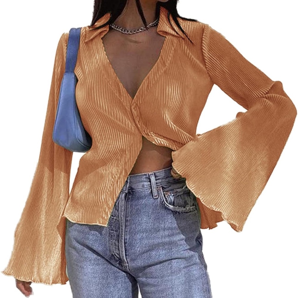 LYANER Women's Deep V Neck Button Front Bell Long Sleeve Blouse Shirt Top